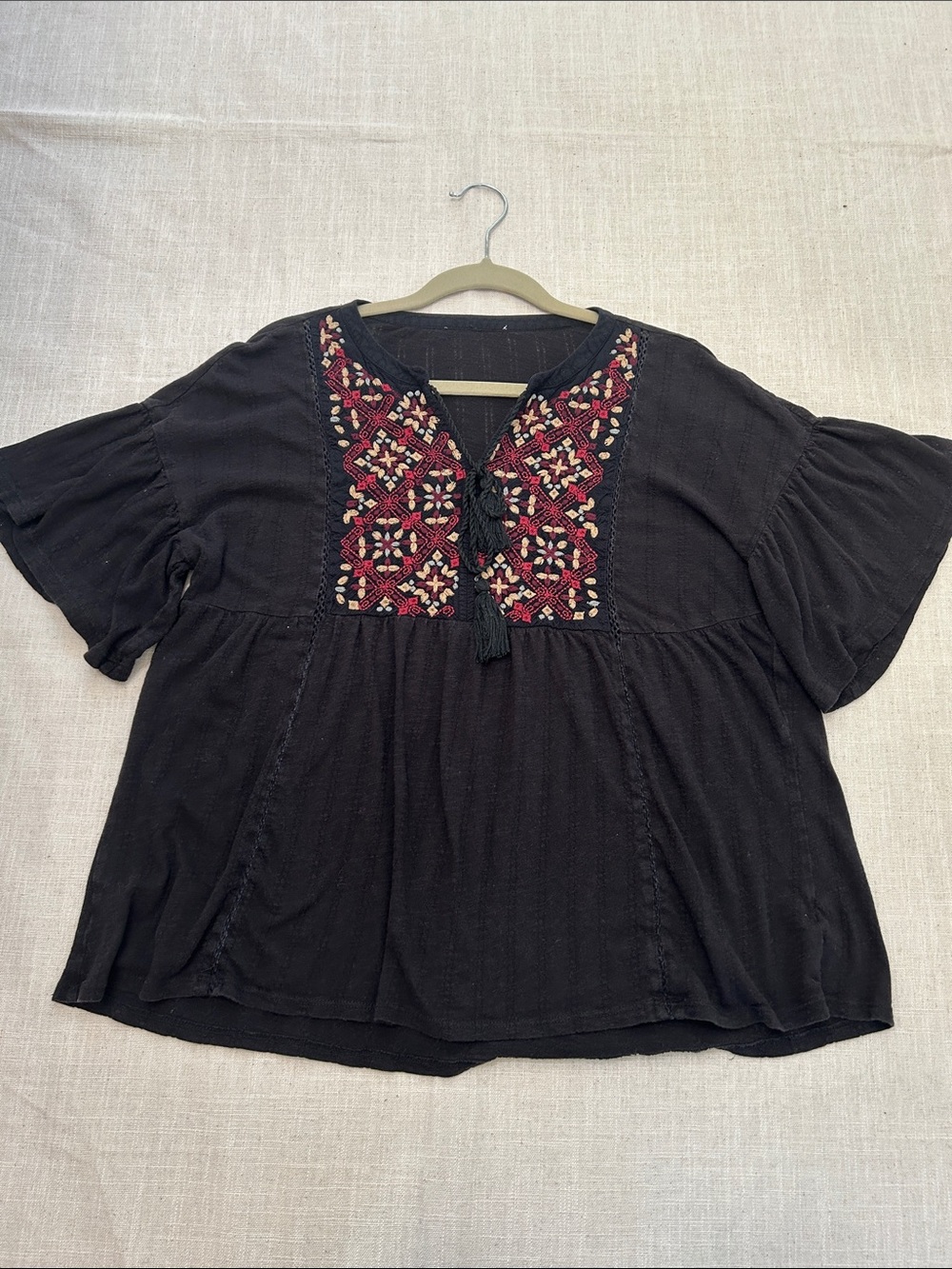 Bohemian Embroidered Flutter Sleeve Tassel Tie Front Top Flowy Feminine Hemline - Picture 9 of 11